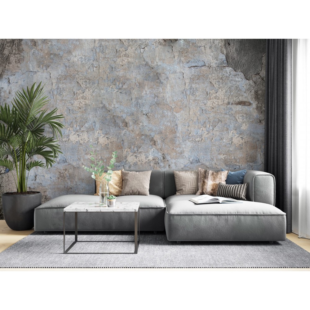 Mavi ve Gri Eskitme Beton Görünümlü Sanatsal Duvar Kağıdı