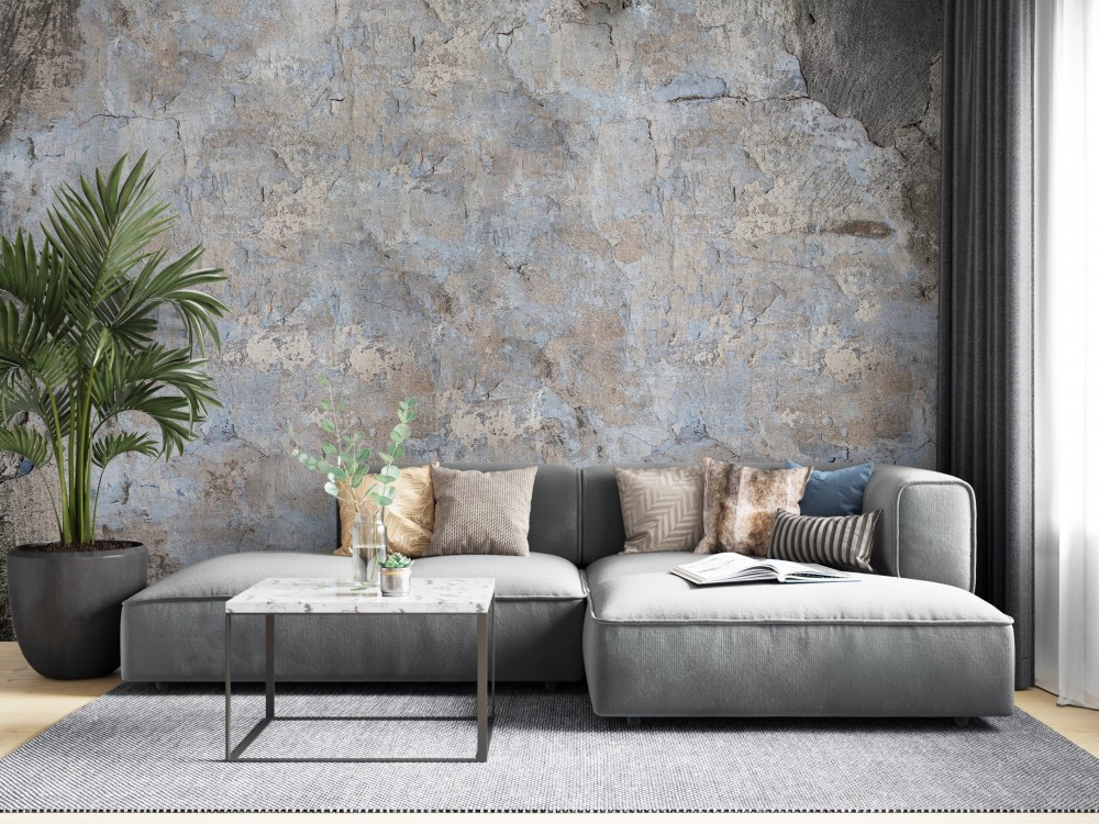 Mavi ve Gri Eskitme Beton Görünümlü Sanatsal Duvar Kağıdı