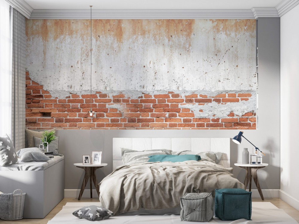 Sıva Altı Tuğla ve Eskitme Beton Görünümlü Loft Duvar Kağıdı