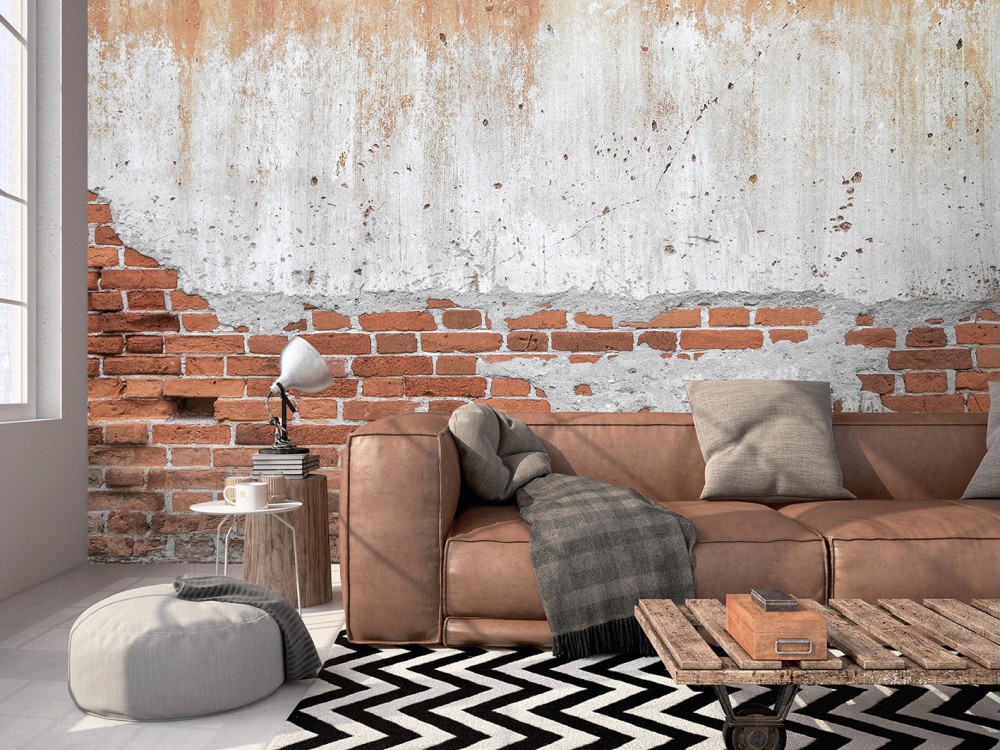 Sıva Altı Tuğla ve Eskitme Beton Görünümlü Loft Duvar Kağıdı