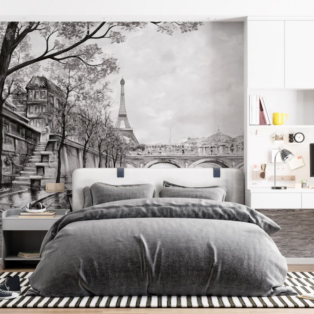 Siyah Beyaz Eiffel Kulesi ve Seine Nehri Manzaralı Duvar Kağıdı