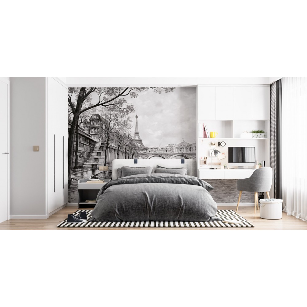 Siyah Beyaz Eiffel Kulesi ve Seine Nehri Manzaralı Duvar Kağıdı