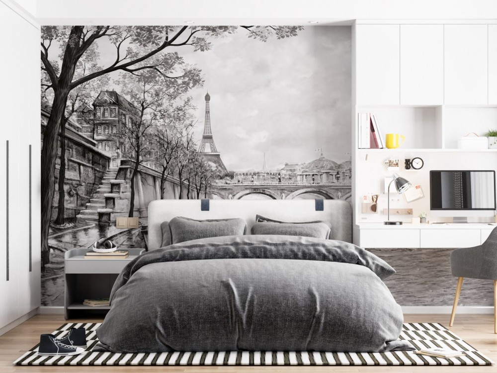 Siyah Beyaz Eiffel Kulesi ve Seine Nehri Manzaralı Duvar Kağıdı