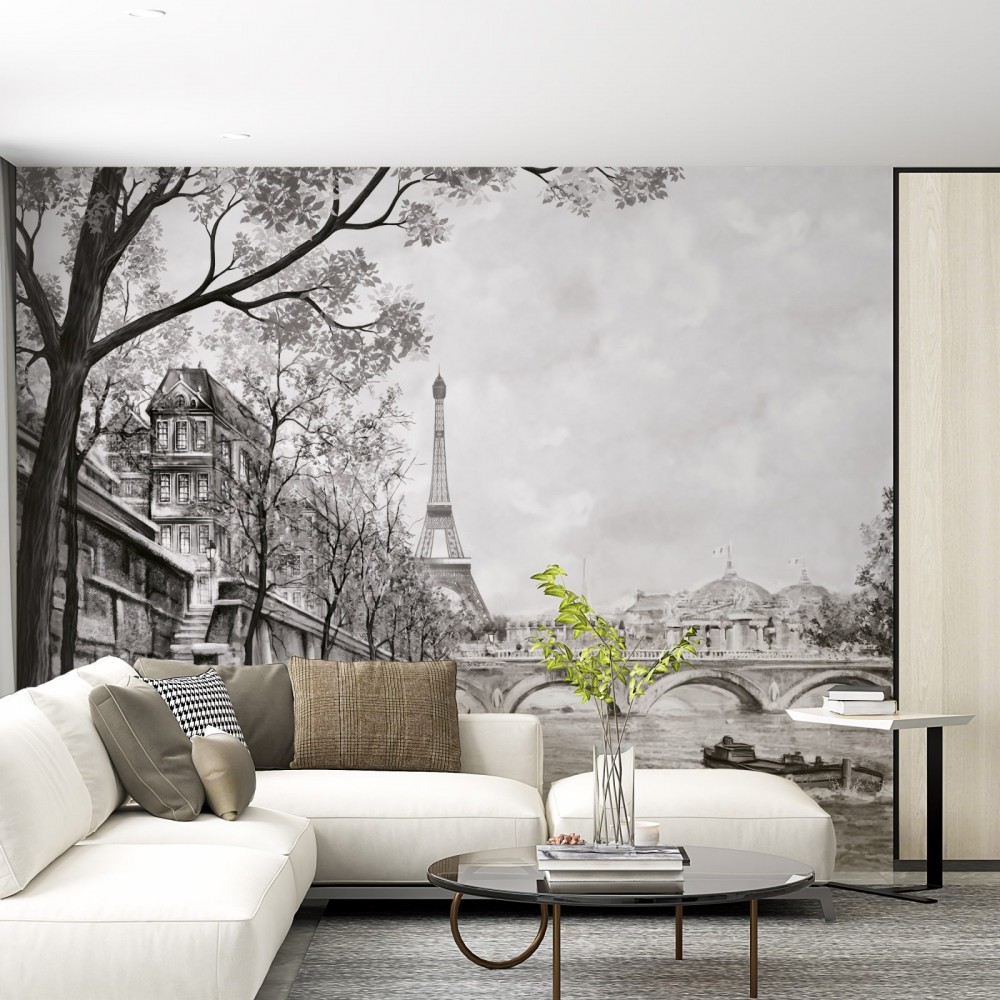 Siyah Beyaz Eiffel Kulesi ve Seine Nehri Manzaralı Duvar Kağıdı