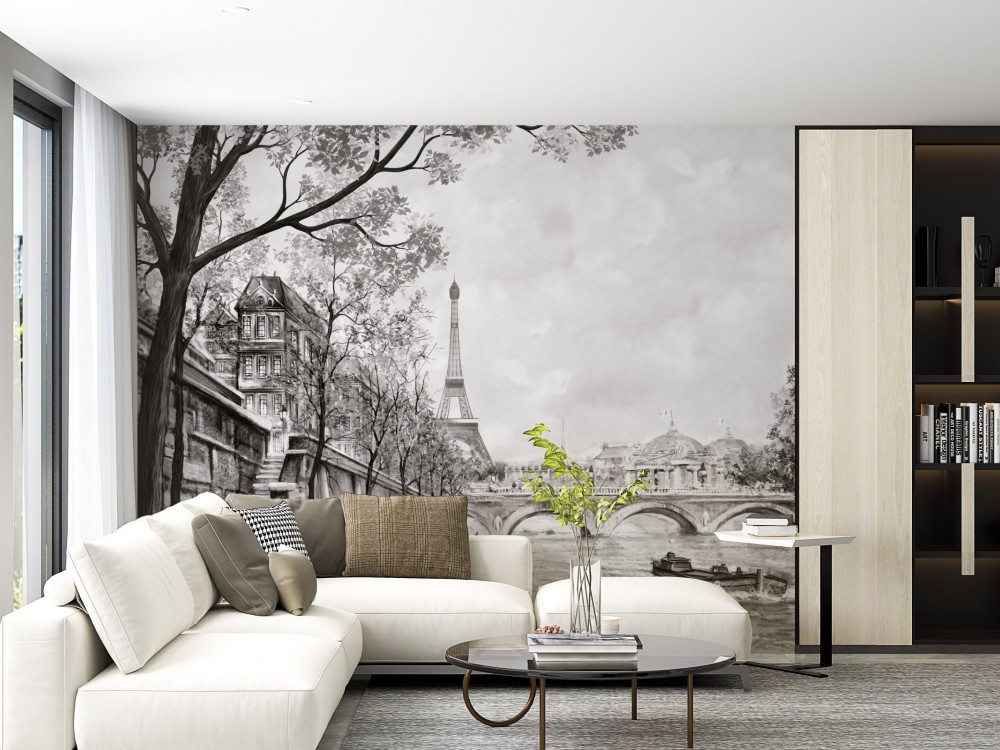 Siyah Beyaz Eiffel Kulesi ve Seine Nehri Manzaralı Duvar Kağıdı