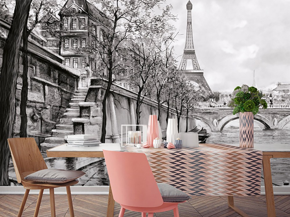 Siyah Beyaz Eiffel Kulesi ve Seine Nehri Manzaralı Duvar Kağıdı