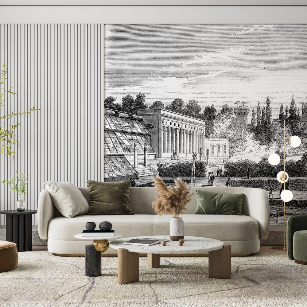 Gravür Şehir Manzaralı ve Dikey Çizgili Modern Duvar Kağıdı