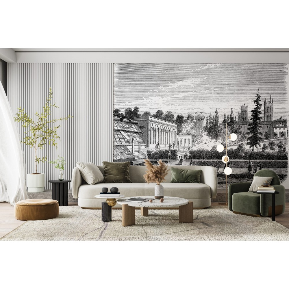 Gravür Şehir Manzaralı ve Dikey Çizgili Modern Duvar Kağıdı