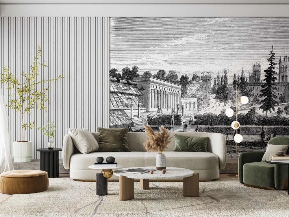 Gravür Şehir Manzaralı ve Dikey Çizgili Modern Duvar Kağıdı