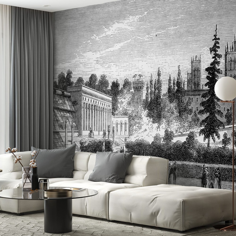 Gravür Şehir Manzaralı ve Dikey Çizgili Modern Duvar Kağıdı