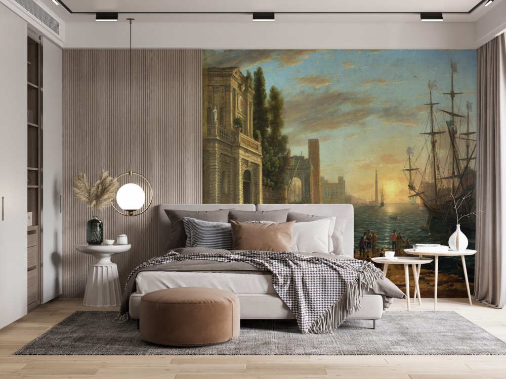 Klasik Yağlı Boya Liman Manzaralı ve Antik Yelkenli Desenli Duvar Kağıdı