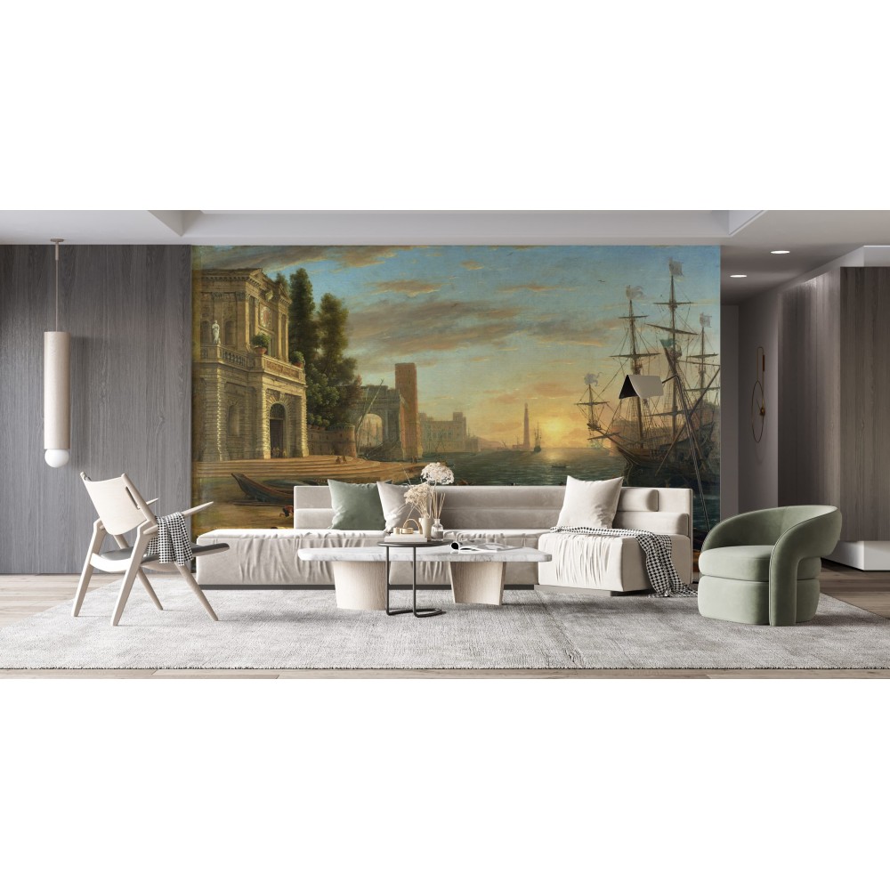 Klasik Yağlı Boya Liman Manzaralı ve Antik Yelkenli Desenli Duvar Kağıdı