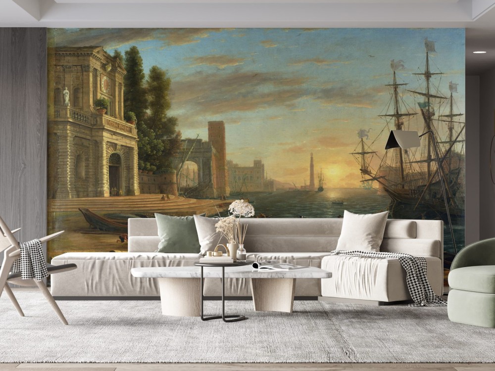 Klasik Yağlı Boya Liman Manzaralı ve Antik Yelkenli Desenli Duvar Kağıdı