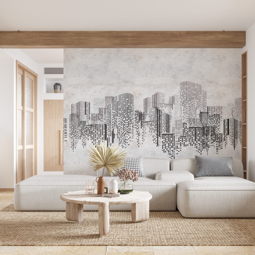 Kentsel Panoramik Görünümlü Gri Tonlu İllüstratif Duvar Kağıdı