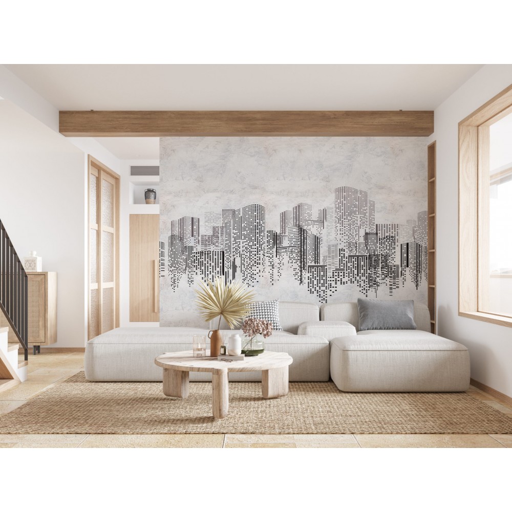 Kentsel Panoramik Görünümlü Gri Tonlu İllüstratif Duvar Kağıdı