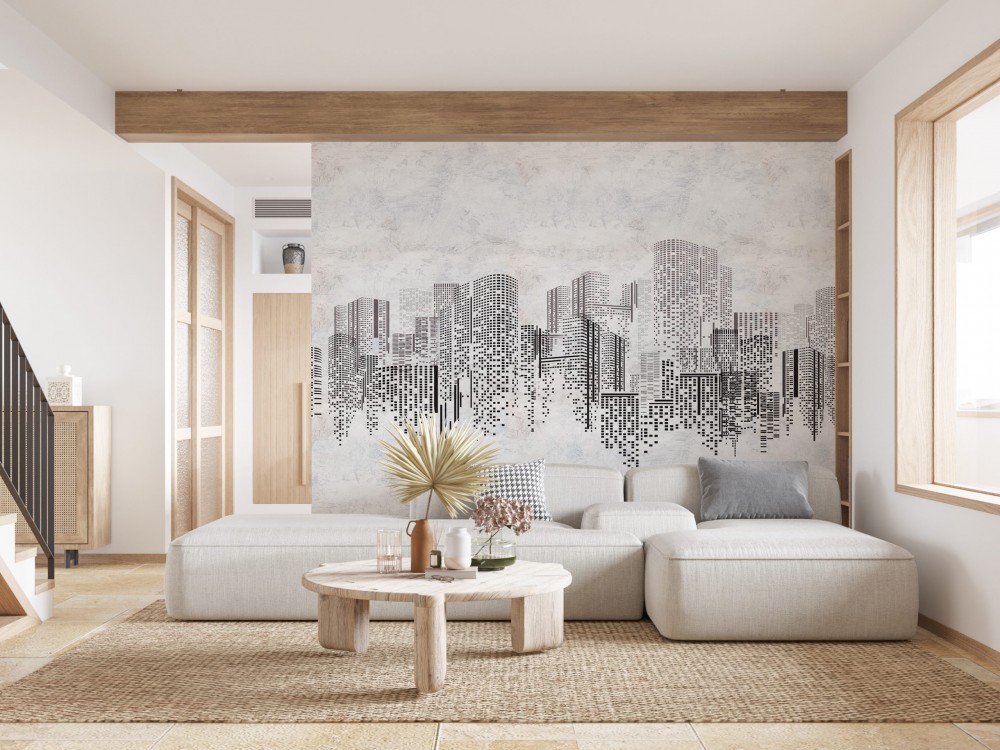Kentsel Panoramik Görünümlü Gri Tonlu İllüstratif Duvar Kağıdı