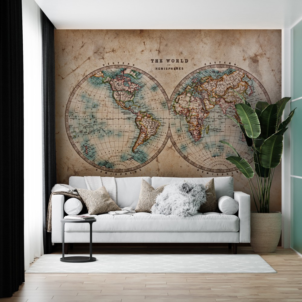 Vintage Eskitme Dünya Haritası ve Çift Yarım Küre Temalı Antik Duvar Kağıdı