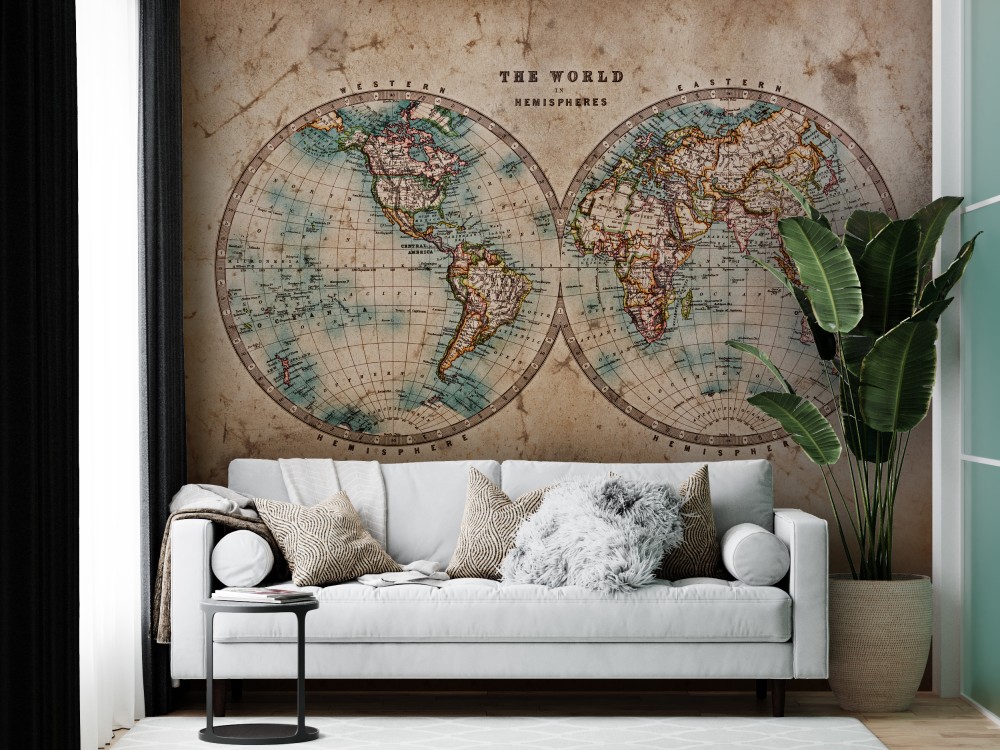 Vintage Eskitme Dünya Haritası ve Çift Yarım Küre Temalı Antik Duvar Kağıdı