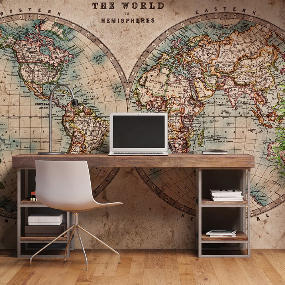 Vintage Eskitme Dünya Haritası ve Çift Yarım Küre Temalı Antik Duvar Kağıdı