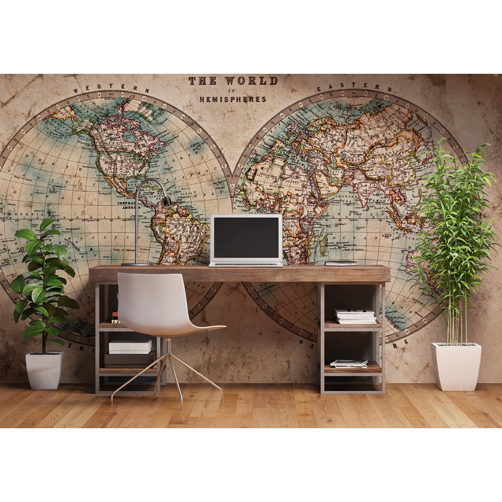 Vintage Eskitme Dünya Haritası ve Çift Yarım Küre Temalı Antik Duvar Kağıdı