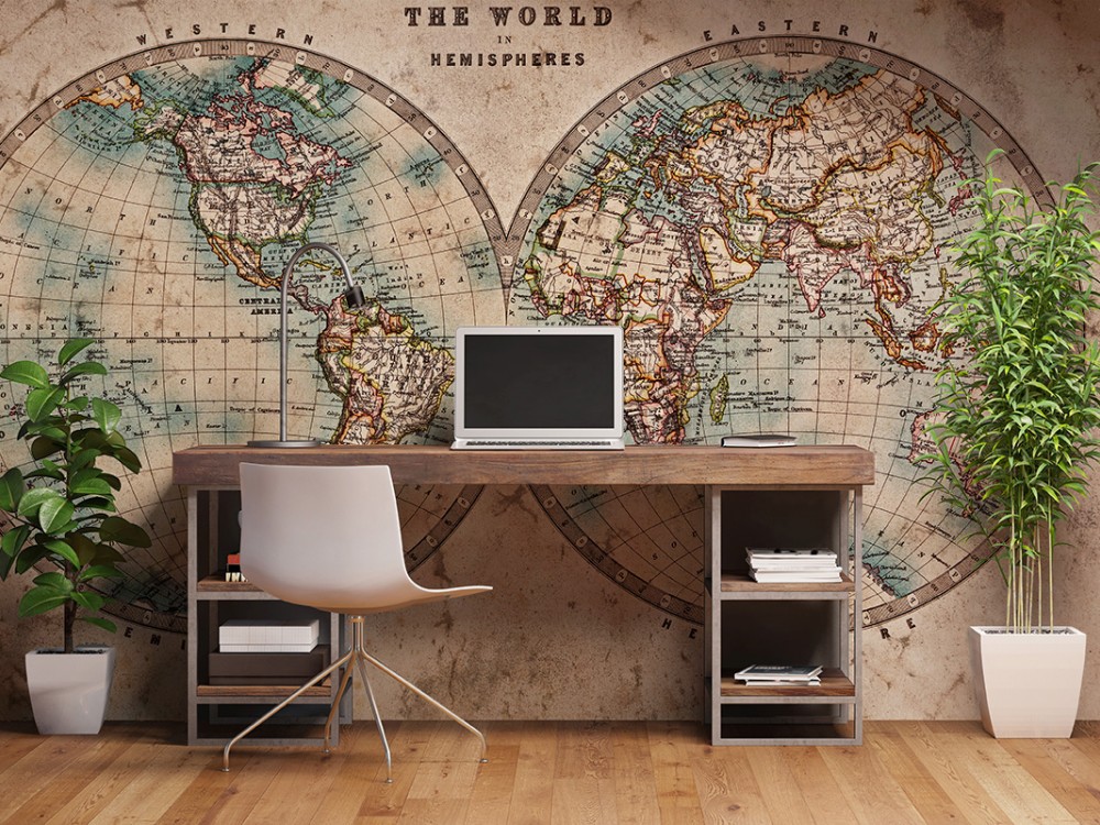 Vintage Eskitme Dünya Haritası ve Çift Yarım Küre Temalı Antik Duvar Kağıdı