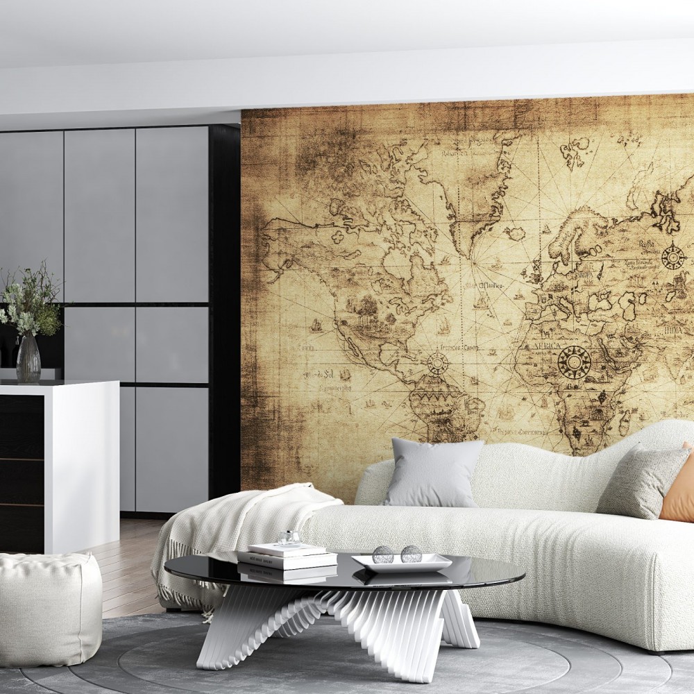 Eskitme Parşömen Görünümlü Antik Dünya Haritası Duvar Kağıdı