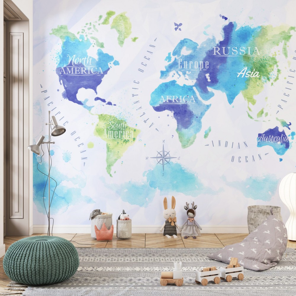 Sulu Boya Efektli Renkli Dünya Haritası Tasarım Duvar Kağıdı