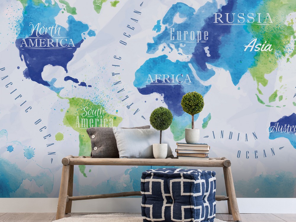 Sulu Boya Efektli Renkli Dünya Haritası Tasarım Duvar Kağıdı