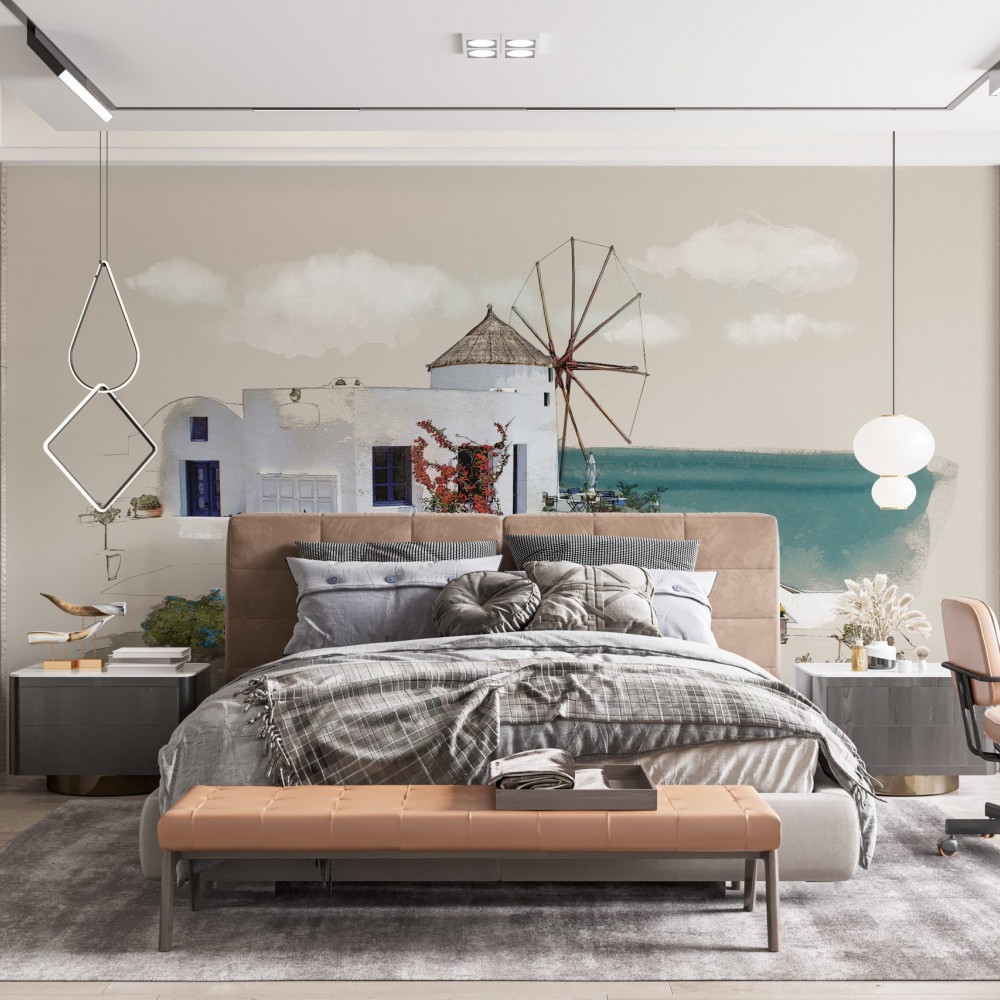Modern Ege Esintisi: Suluboya Efektli Yel Değirmeni ve Beyaz Evler Temalı Duvar Kağıdı