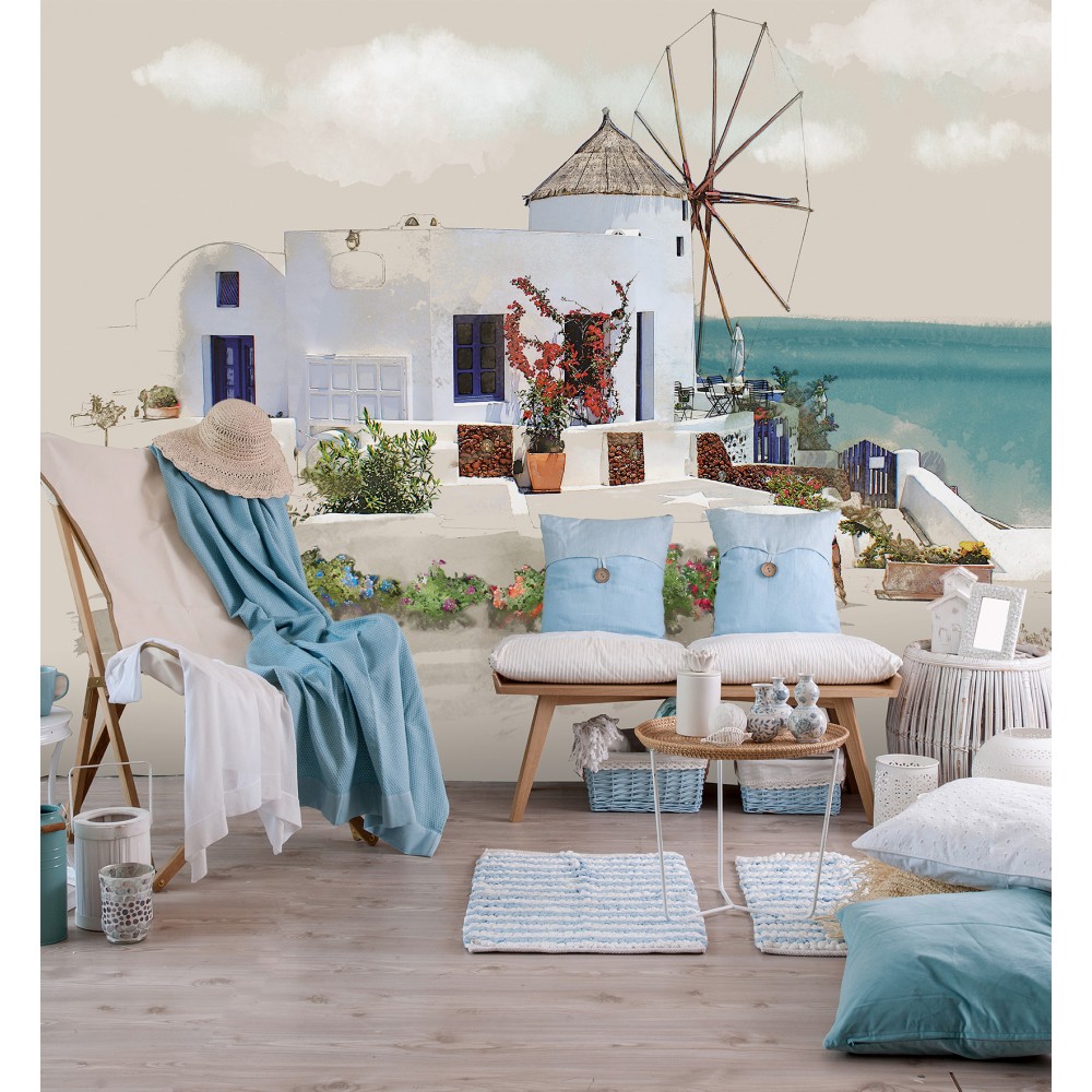 Modern Ege Esintisi: Suluboya Efektli Yel Değirmeni ve Beyaz Evler Temalı Duvar Kağıdı