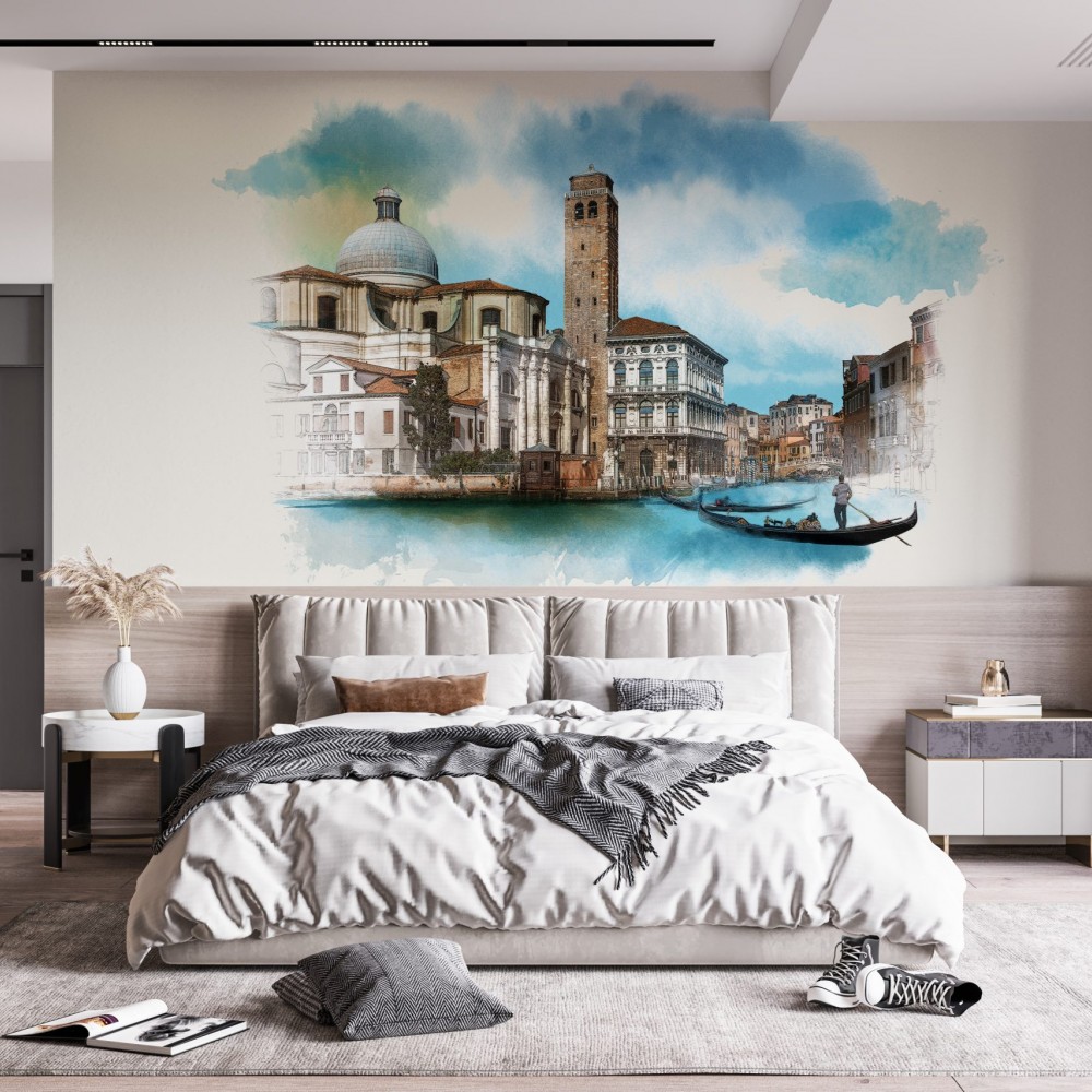 Sulu Boya Dokulu Venedik Kanalı ve Tarihi Mimari Desenli Duvar Kağıdı