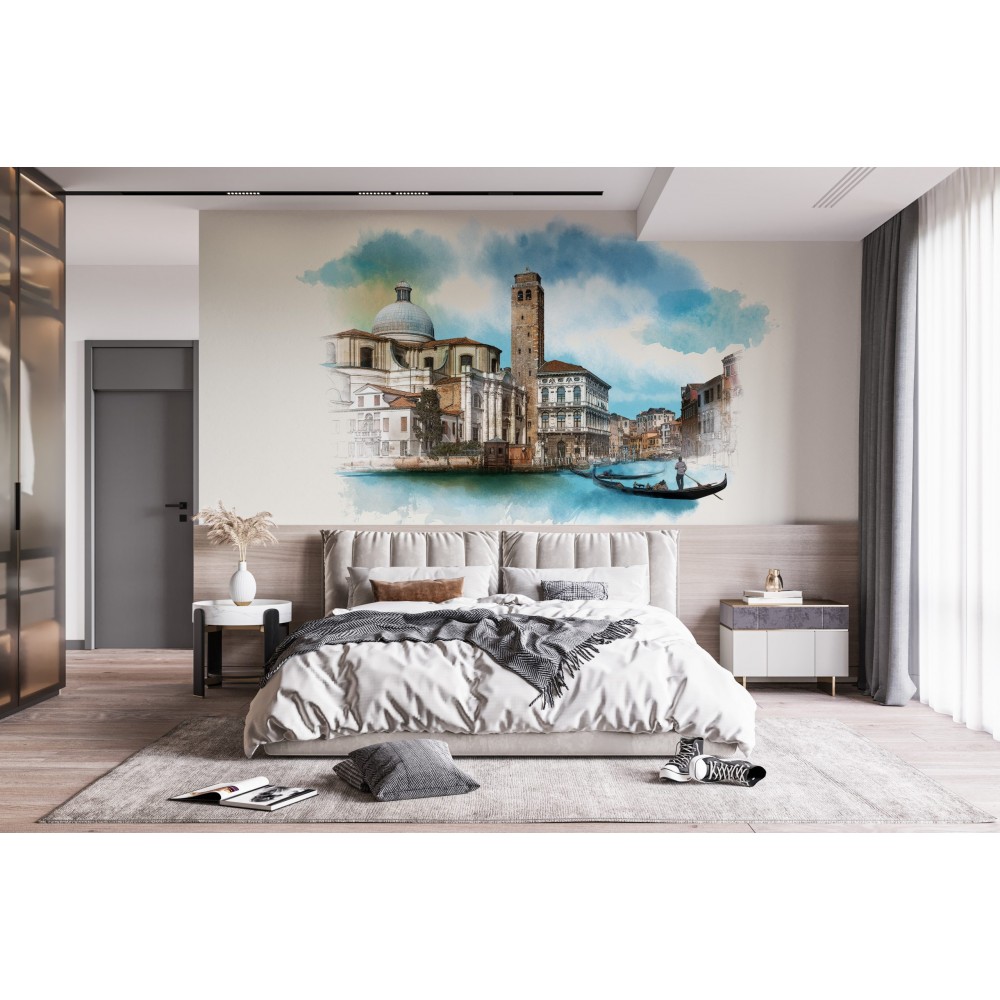 Sulu Boya Dokulu Venedik Kanalı ve Tarihi Mimari Desenli Duvar Kağıdı