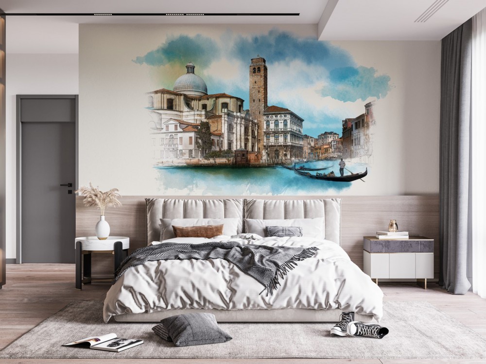 Sulu Boya Dokulu Venedik Kanalı ve Tarihi Mimari Desenli Duvar Kağıdı
