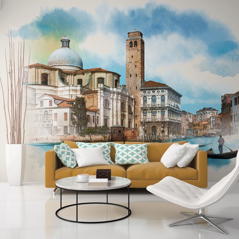 Sulu Boya Dokulu Venedik Kanalı ve Tarihi Mimari Desenli Duvar Kağıdı
