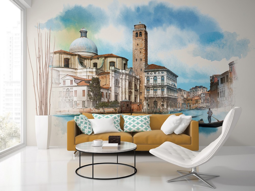 Sulu Boya Dokulu Venedik Kanalı ve Tarihi Mimari Desenli Duvar Kağıdı