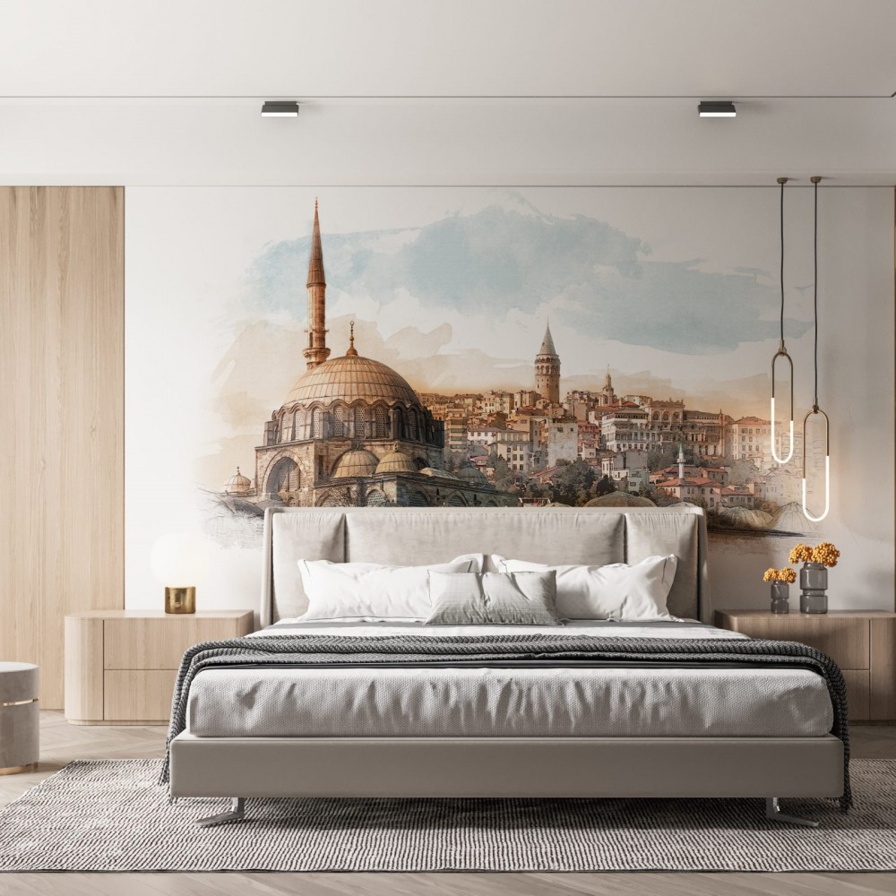 Sanatsal İstanbul Silüeti: Suluboya Efektli Galata Kulesi ve Tarihi Yarımada Duvar Kağıdı