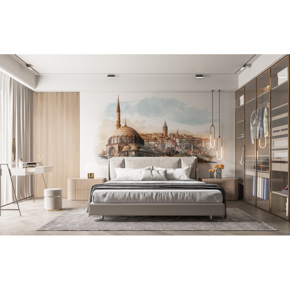 Sanatsal İstanbul Silüeti: Suluboya Efektli Galata Kulesi ve Tarihi Yarımada Duvar Kağıdı