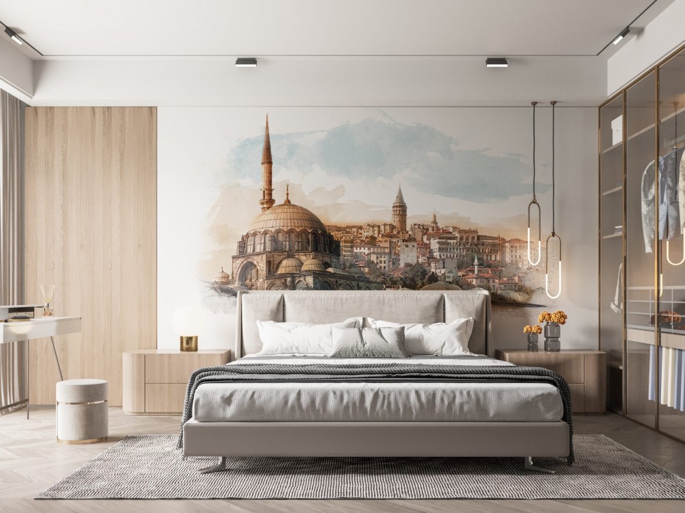 Sanatsal İstanbul Silüeti: Suluboya Efektli Galata Kulesi ve Tarihi Yarımada Duvar Kağıdı