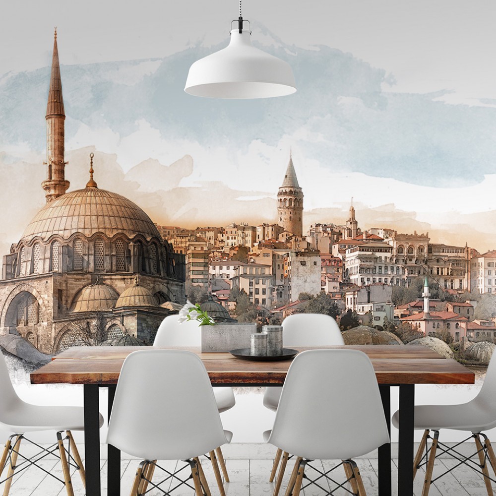 Sanatsal İstanbul Silüeti: Suluboya Efektli Galata Kulesi ve Tarihi Yarımada Duvar Kağıdı