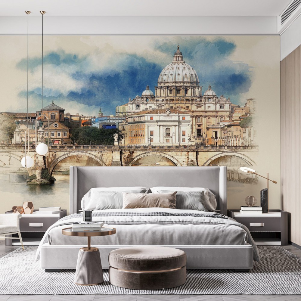 Sanatsal İtalyan Mimarisi Serisi: Vatikan ve Tarihi Köprü Manzaralı Derinlik Etkili Duvar Kağıdı