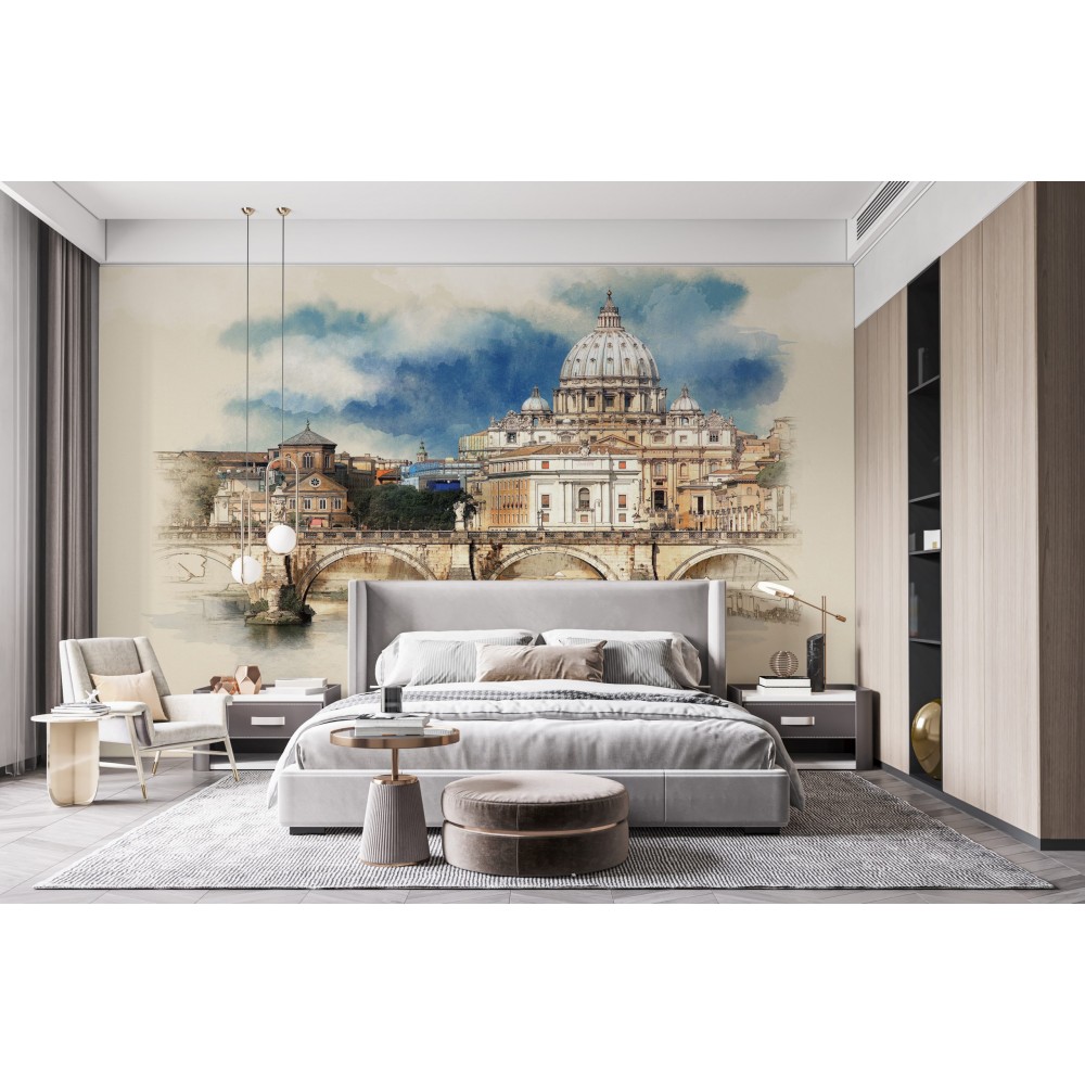 Sanatsal İtalyan Mimarisi Serisi: Vatikan ve Tarihi Köprü Manzaralı Derinlik Etkili Duvar Kağıdı