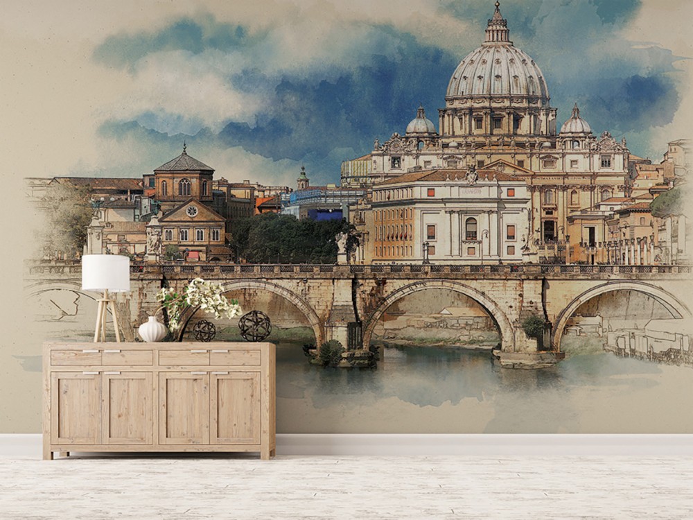 Sanatsal İtalyan Mimarisi Serisi: Vatikan ve Tarihi Köprü Manzaralı Derinlik Etkili Duvar Kağıdı