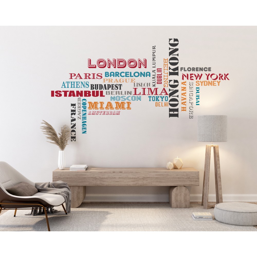 Tipografik Dünya Şehirleri ve Seyahat Temalı Dekoratif Duvar Kağıdı
