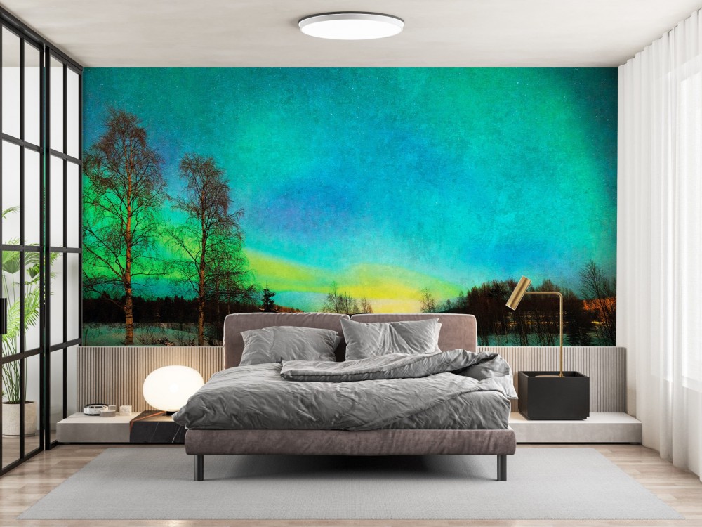 Büyüleyici Kuzey Işıkları ve Gece Ormanı Temalı Duvar Kağıdı