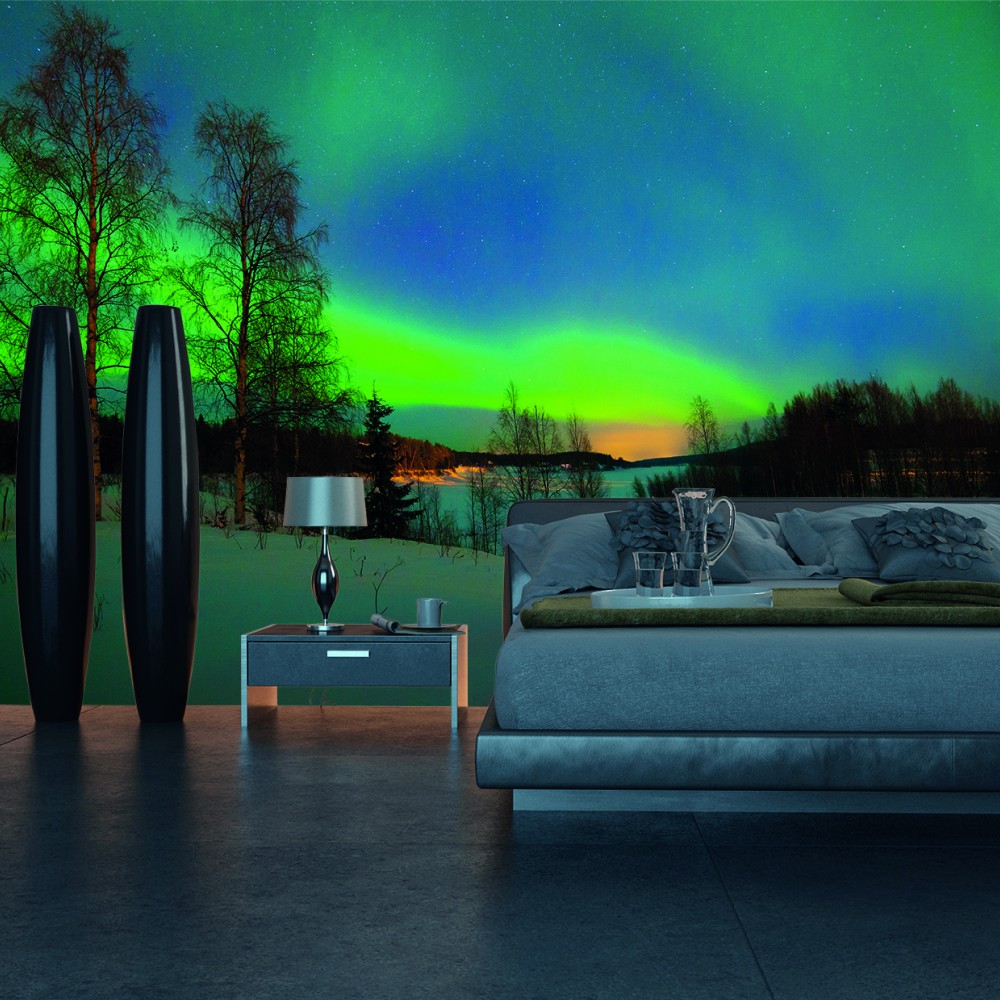 Büyüleyici Kuzey Işıkları ve Gece Ormanı Temalı Duvar Kağıdı