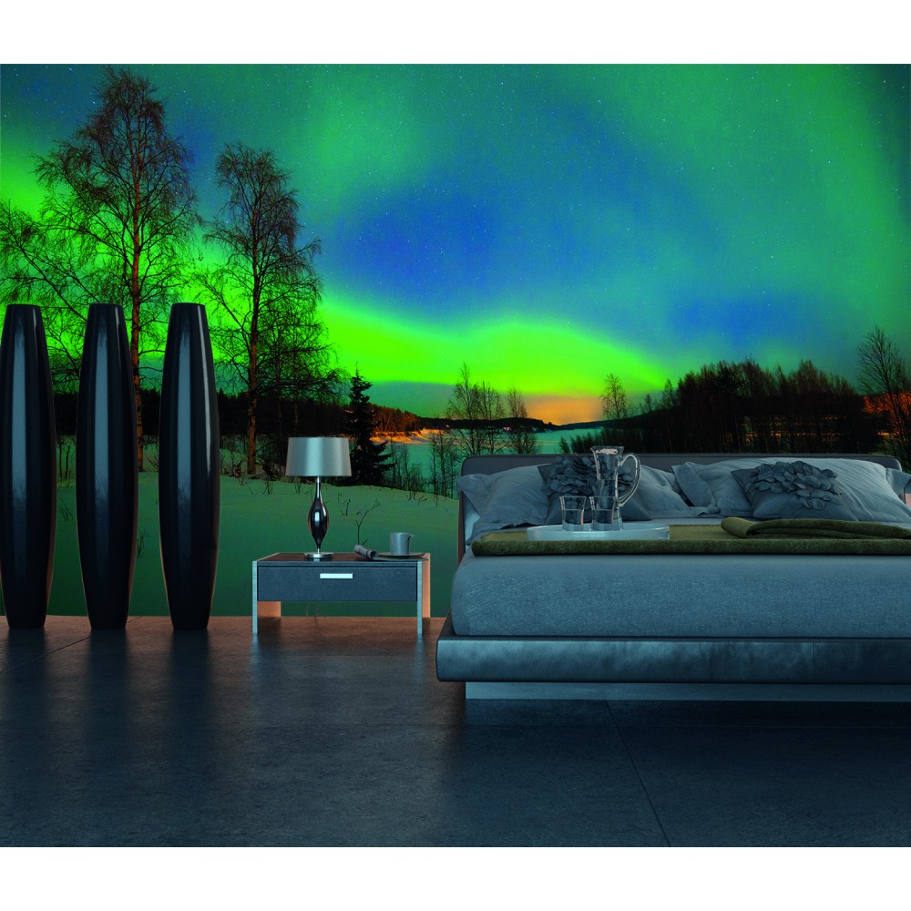 Büyüleyici Kuzey Işıkları ve Gece Ormanı Temalı Duvar Kağıdı