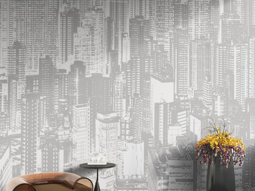 Gri Tonlu Modern Şehir ve Gökdelen Silüetli Duvar Kağıdı