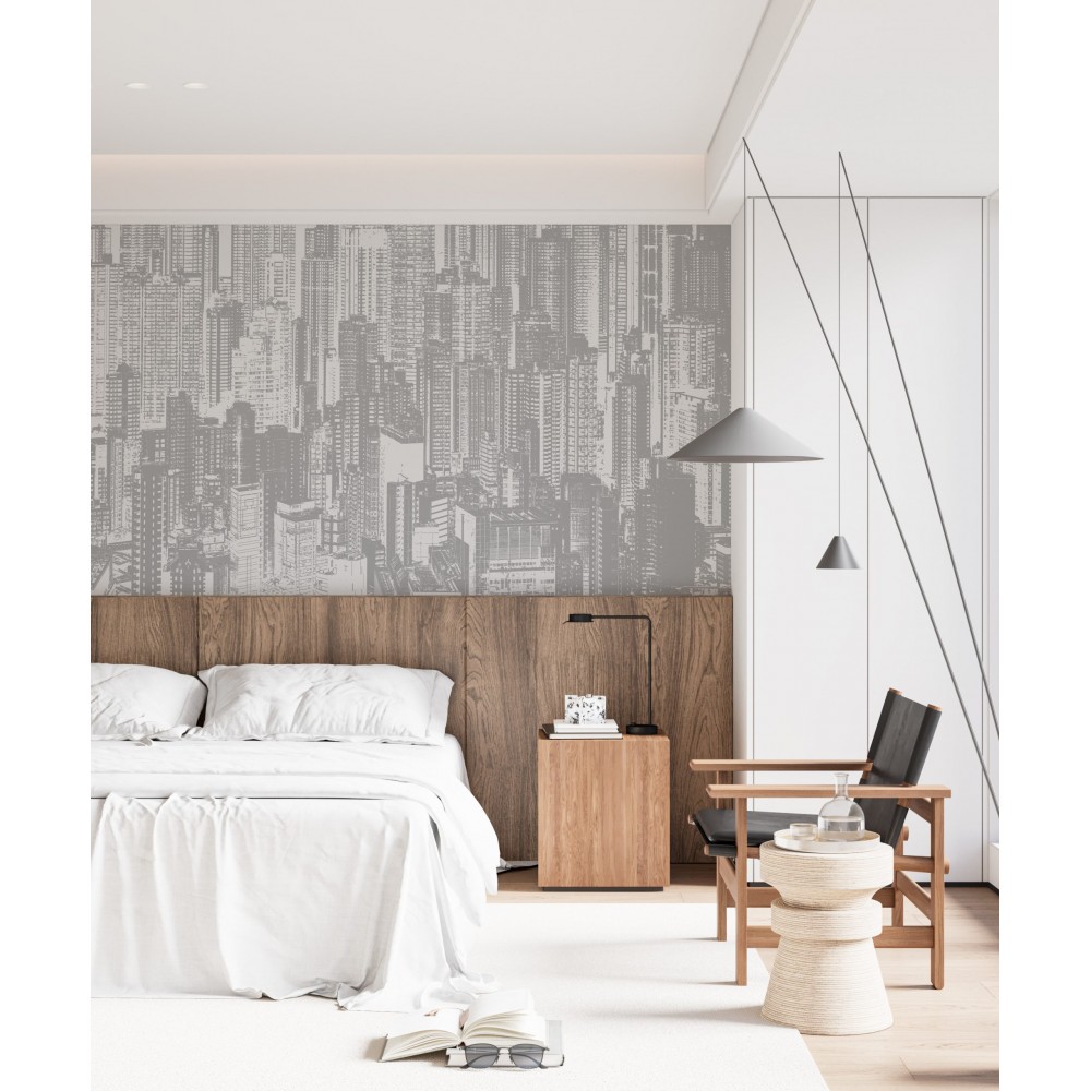 Gri Tonlu Modern Şehir ve Gökdelen Silüetli Duvar Kağıdı
