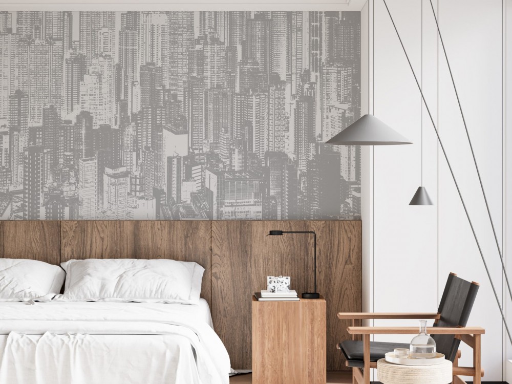 Gri Tonlu Modern Şehir ve Gökdelen Silüetli Duvar Kağıdı