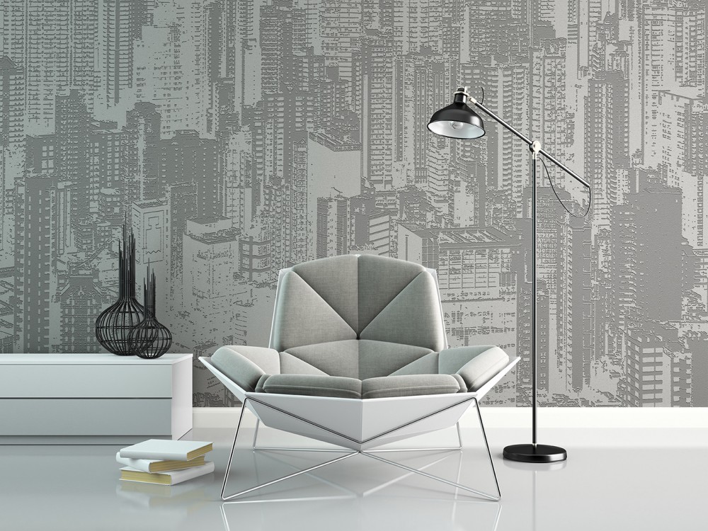 Gri Tonlu Modern Şehir ve Gökdelen Silüetli Duvar Kağıdı